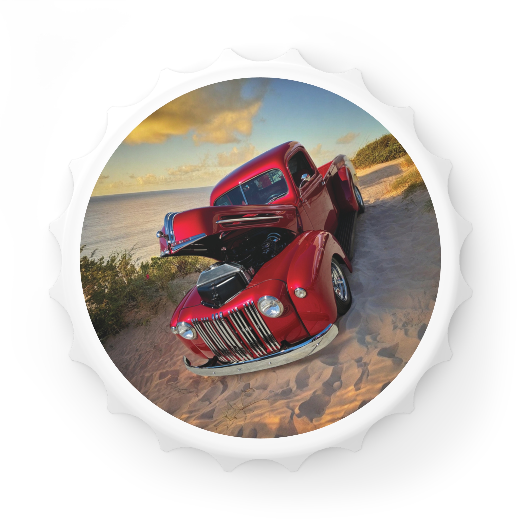 Vintage Red Truck Bottle Opener – Classic Car Beach Scene