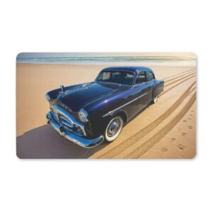 Vintage Blue Classic Car Doormat — Retro Beach Scene Polyester Welcome Mat