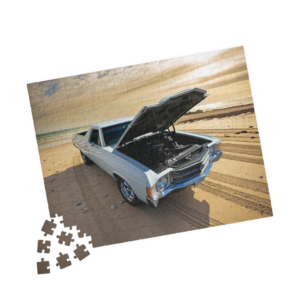Beachside Classic Car Puzzle — Vintage style Camino on a Sunset Shore (252 pieces)